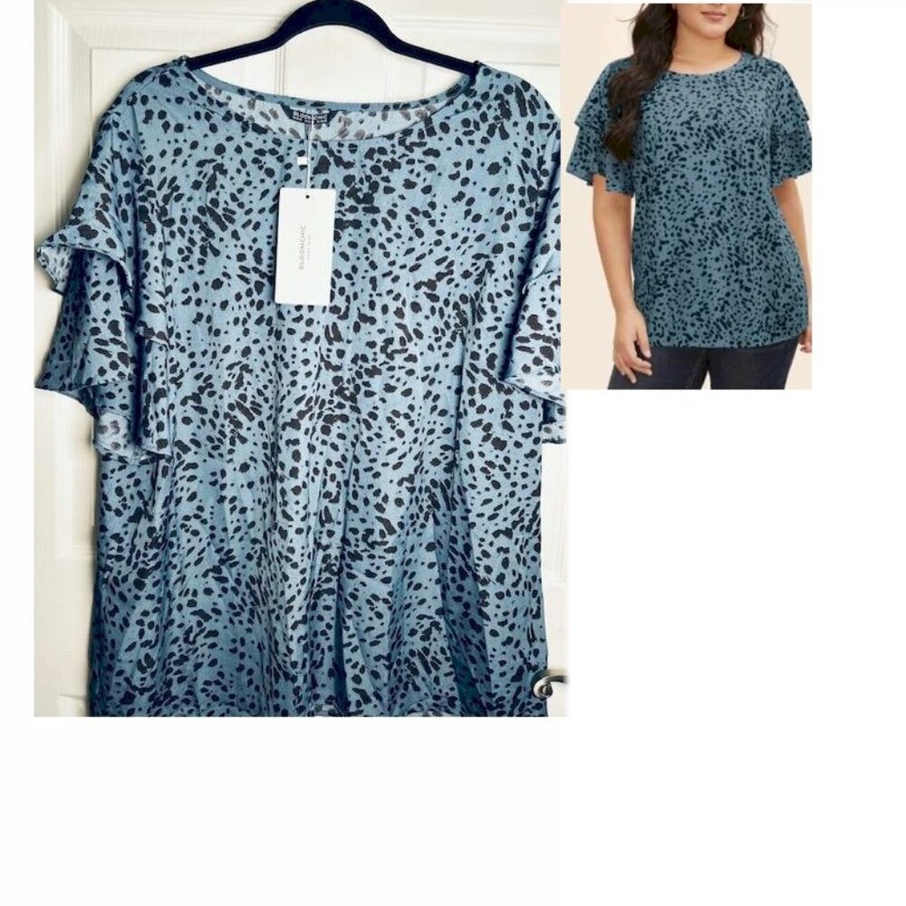 BloomChic Blue and Black Dotted Ruffle Sleeve Blouse